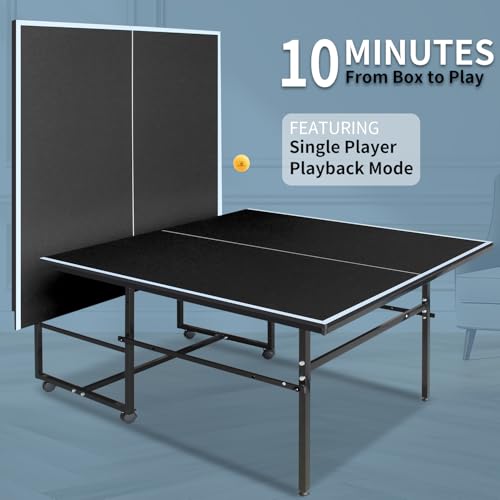 Ping Pong Table Foldable Indoor 8/8.5/9FT Single Player Playback Mode Game Set with Paddles and Balls - color: Black-9x4.1FT
