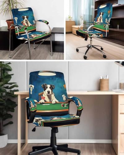 Abstract Animal Office Chair Cover with Armrest Covers, Dog Playing Poker Game Chips Blue Room Funny Universal Stretch Desk Rotating Chair Slipcovers, Removable Seat Protector with Zipper, M - color: Dark Green Brown, size: Medium & 2PCS Armrest Covers