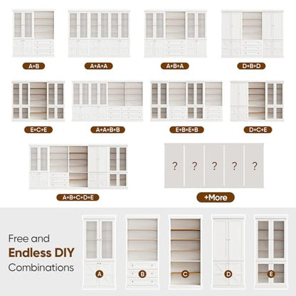 Vyre 70.8" Tall White Bookshelf with Glass Doors, Farmhouse Modular Bookcase with 6-Tier Adjustable Shelves, Large Storage Cabinet for Home Office, Living Room, Set of 2 - color: White