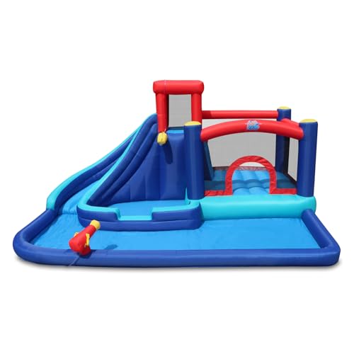 Action Air Inflatable Water Slide for Kids, Backyard Water Park with Big Bouncy Area, Splash Pool, Long Slide, Water Cannon & Sprinkler, 193x138x91 Inch Outdoor Bouncy Castle for Summer Party Fun - color: All in One Bounce Park