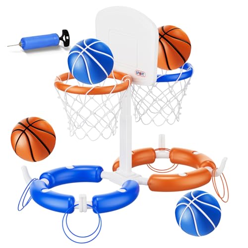 VROGTIK Dual Pool Basketball Hoop, Summer Toys for 3-12Years Kids Floating Pool Toys Ring Game with 4 Balls 8 Rings & Pump Outdoor Swimming Pool Basketball Games Water Play Toy for Boys & Girls - style: Dual Hoop