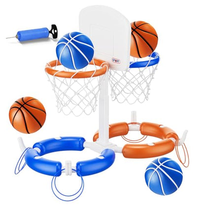 VROGTIK Dual Pool Basketball Hoop, Summer Toys for 3-12Years Kids Floating Pool Toys Ring Game with 4 Balls 8 Rings & Pump Outdoor Swimming Pool Basketball Games Water Play Toy for Boys & Girls - style: Dual Hoop