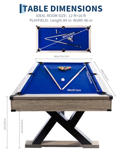 84" Billiard Table Set, Industrial 7FT Pool Table Includes 2 Cue Sticks, 16 Balls, 2 Chalk, Rack & Brush, K-Leg Design for Home, Basement, Office, Apartment, Game Room & Recreational Spaces, Red - color: Blue Cloth