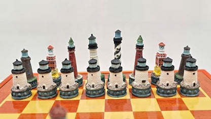 Lighthouse Themed Collectible Chess Set with Wooden Storage Board, Complete 32 Piece Hand Painted Resin Lighthouse Chess Pieces, Nautical Coastal Decor Chess Board Game Set for Adults Gift