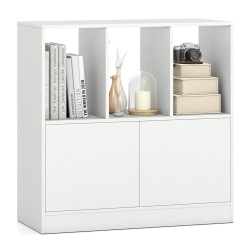 Giantex 3-Cube Bookcase with Doors, 3-Tier Cubic Bookshelf w/Open Compartments & Cabinet, Modern Display Shelf, Wooden Floor Freestanding Cubby Storage Organizer for Living Room, Study (1, White) - color: White