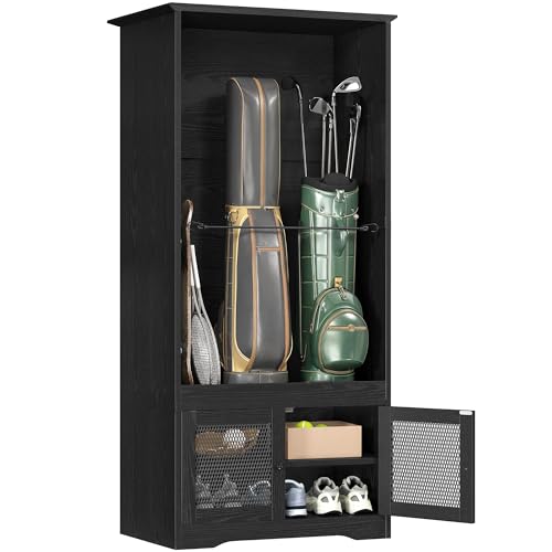 DWVO Golf Bag Organizer - Stylish Wooden Storage Cabinet for Garage & Home, Holds 2 Golf Bags with Turf Mat Protection