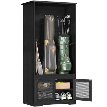 DWVO Golf Bag Organizer - Stylish Wooden Storage Cabinet for Garage & Home, Holds 2 Golf Bags with Turf Mat Protection