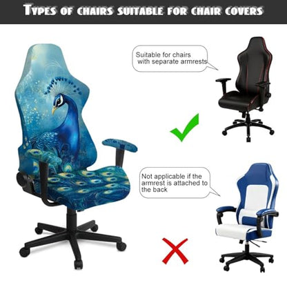 Peacock Print Gaming Chair Covers Slipcovers with Armrest Covers Skin Friendly Breathable Gamer Chair Cover Set of 4 Dust-Proof Machine Washable - color: Blue and Green - Peacock