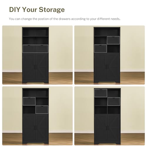 TEENFON Storage Cabinet with Doors & 2 Drawers, Kitchen Cabinet with Adjustable Shelf, Pantry Cabinets, Bathroom Cabinets, for Living Room, Entryway, Home Office, Black - color: Black