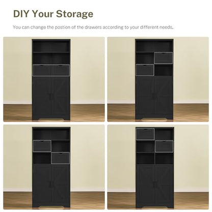 TEENFON Storage Cabinet with Doors & 2 Drawers, Kitchen Cabinet with Adjustable Shelf, Pantry Cabinets, Bathroom Cabinets, for Living Room, Entryway, Home Office, Black - color: Black