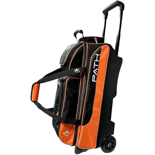 Pyramid Path Triple Premium Deluxe Roller Bowling Bag With Extra Large Separate Shoe Compartment (Up To US Mens Size 16) and 5 Accessory Pockets, 5" Wheels, Retractable Locking Handle - Extends to 42" - color: Black/Orange