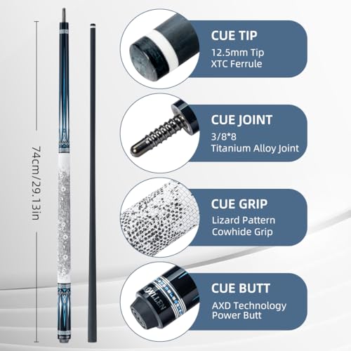 KONLLEN Carbon Fiber Pool Cue Stick 58-inch Professional Pool Sticks for Adults Full Carbon Technology Low Deflection Pool Cue Billiard Cues with 12.5mm Tip (Easy to Control, Pro Taper, Ultra-Smooth) - color: 002 white blue