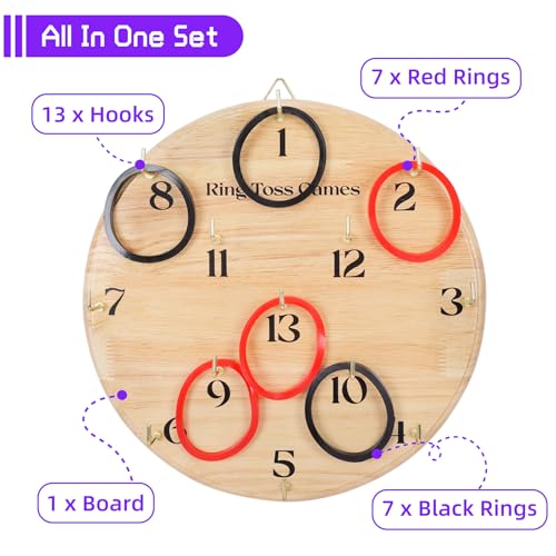 Offelec Wooden Ring Toss Game for Adults - Wall Hanging or Indoor/Outdoor Lawn Game, Fun for Family, Home, Party, Office, Camping & Backyard, Beach Games