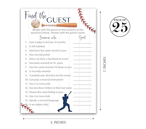 BASEBALL Baby Shower Games— FIND THE GUEST Game — Pack of 25 — Rustic Sports Blue BOY Baby Shower Activity, Icebreaker Party Game, Guess Who Came to the Party, Little Slugger Couples Shower G900-FTG