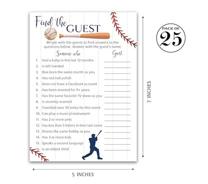 BASEBALL Baby Shower Games— FIND THE GUEST Game — Pack of 25 — Rustic Sports Blue BOY Baby Shower Activity, Icebreaker Party Game, Guess Who Came to the Party, Little Slugger Couples Shower G900-FTG