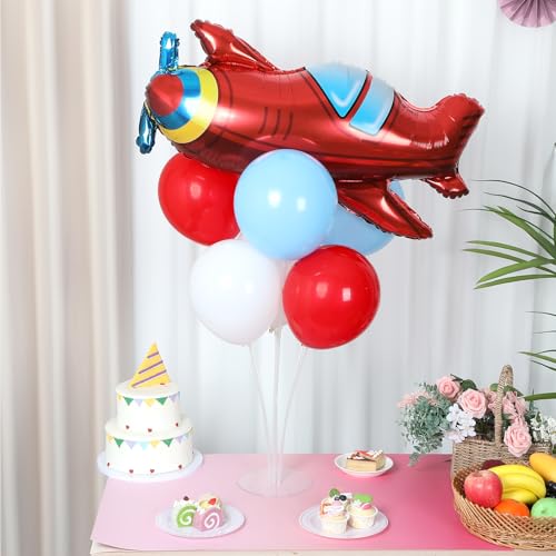 Airplane Birthday Party Balloons Stand Kit 2 Sets with 2 Plane Helicopter Foil Balloons Red Blue White Balloon Centerpiece for Tables for Adventure Time Flies Birthday Baby Shower Party Decoration - style: Airplane