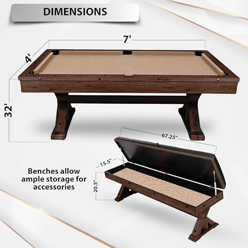 7' 3 in 1 Multi Game Pool Table with Dining Top Pool Ping Pong Table Combo with Dual Storage Bench Seating. Includes Billiards, Ping Pong Accessories.