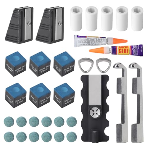 30 pcs Pool Cue Repair Kit 1 5in1 Pool Cue Tips Repair Tool 2 Pool Cue Tip Clamp 12 Billiard Cue Tips 5 Ferrules 6 Chalk Cubes 2 Cue Tips Trimmers
