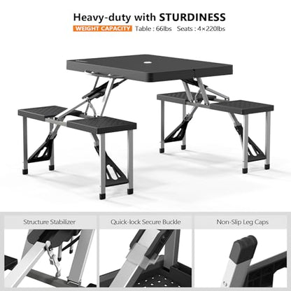 VINGLI 4Ft Portable Folding Picnic Table Camping Table Foldable Set with 4 Seats with Umbrella Hole Suitcase Card Table-220 Lbs Support Aluminum Frame, Plastic RV Tabletop for Yard, Travel - color: Black