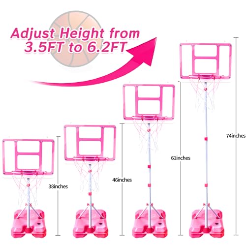 Kids Basketball Hoop with Stand, Adjustable Height 3.5FT-6.2FT Toddler Basketball Hoop, Basketball Goal Outdoor Indoor Toys for Girls Age 3 4 5 6 7 8 Years Old Gifts(Pink) - color: Pink