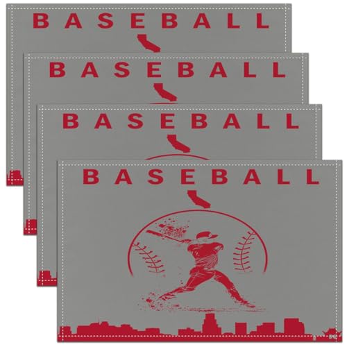 Erosebridal Baseball Place Mat Set of 4 Softball Placement Mats Sports Games Placemats Athlete City Silhouette Table Mats for Kitchen Dining Table, Grey Red - color: Grey Red