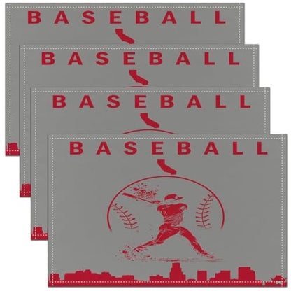 Erosebridal Baseball Place Mat Set of 4 Softball Placement Mats Sports Games Placemats Athlete City Silhouette Table Mats for Kitchen Dining Table, Grey Red - color: Grey Red