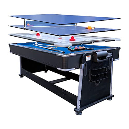 RACK Triad 7-Foot 3-in-1 Multi-Game Swivel Table - Billiards/Pool, Table Tennis & Air Hockey - color: Blue Felt With Black Body