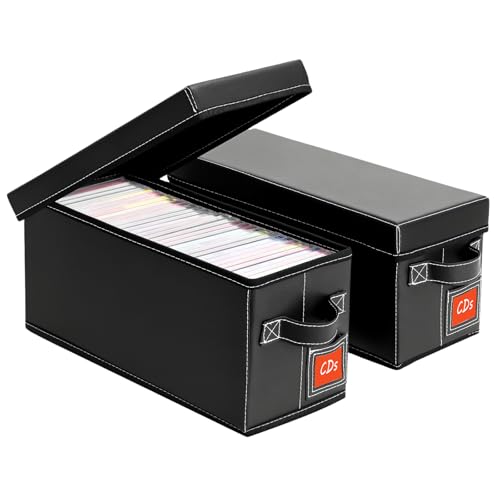 CD Storage Case with Lid & Handle – Faux Leather CD Holder Box – Stackable CD Storage Organizer with Label Slot – 2Pack (Black) - size: CD-2Pack