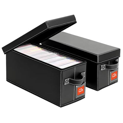 CD Storage Case with Lid & Handle – Faux Leather CD Holder Box – Stackable CD Storage Organizer with Label Slot – 2Pack (Black) - size: CD-2Pack