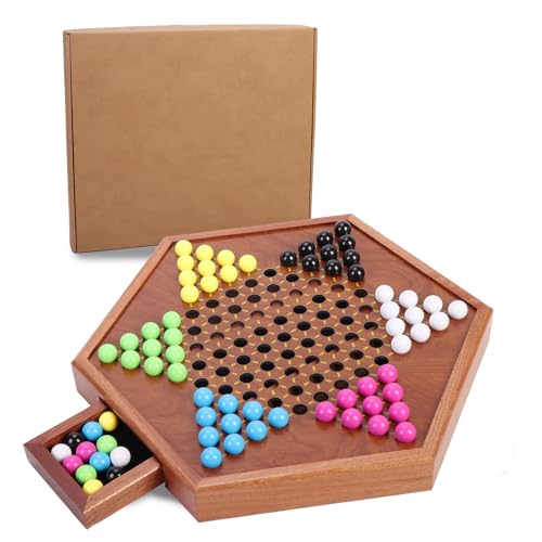 Chinese Checkers 13.7" Large Upgraded Version Wooden Game Board,with 16mm（0.62"） 60+Spare Acrylic Marbles,Classic Strategy Family Board Game.
