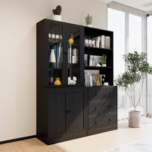 TUSY 71" H Bookshelf with Storage, 6-Tier Modern Bookshelves with 3 Large Drawer, Display Bookcase with Glass Doors, Modern 5-Tier Curio Cabinet for Home Office, Dining Room (Black, AB) - color: Black