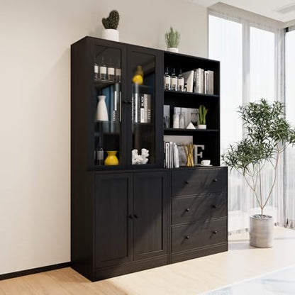TUSY 71" H Bookshelf with Storage, 6-Tier Modern Bookshelves with 3 Large Drawer, Display Bookcase with Glass Doors, Modern 5-Tier Curio Cabinet for Home Office, Dining Room (Black, AB) - color: Black