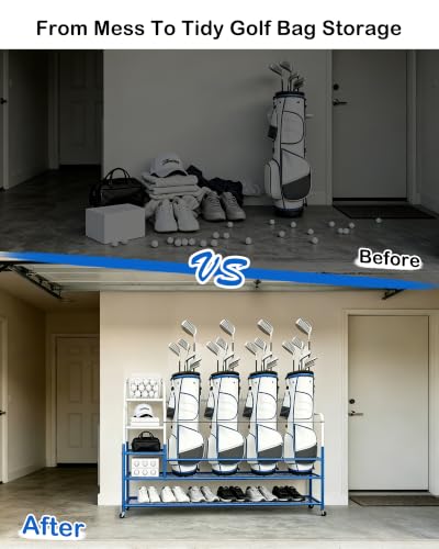 Golf Bag Storage Garage Organizer for 4 Bags, Golf Storage Rack with Wheels | 50% More Space Multi-Zone,All-In-One Compact 5-tier Heavy-Duty Rack,4 360° Casters,Movable Basket,Extra Bottom Storage,Gifts - size: 4 Golf Bag Rack丨60"(L)x15.8(W)"x44.6"(H)
