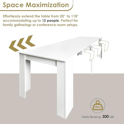 20"-118" White Extendable Dining Table for 2-12 People, Modern Modular Extension Table, Space-Saving Extra Long Folding Dining Table, Multifunctional Conference Meeting Table - color: White, style: 20" - 118.5" (2-12 People)