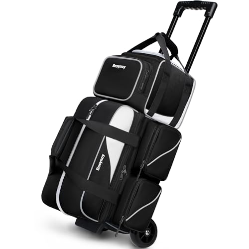 Bosynoy 3 Ball Bowling Bags with Wheels, Single Ball Tote+2 Ball Bowling Bag with Shoe Compartment (Up to US Men Size 16), Bowling Ball Bag 3 Ball Roller with Insulated Pockets, Black