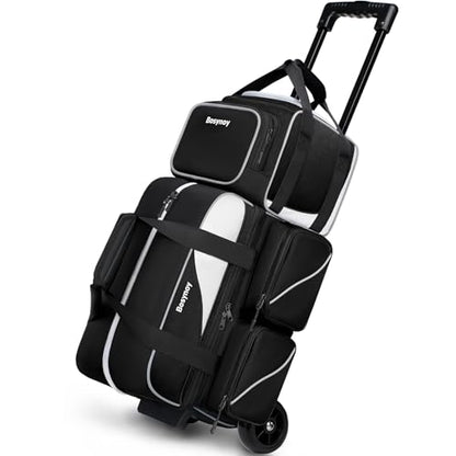Bosynoy 3 Ball Bowling Bags with Wheels, Single Ball Tote+2 Ball Bowling Bag with Shoe Compartment (Up to US Men Size 16), Bowling Ball Bag 3 Ball Roller with Insulated Pockets, Black