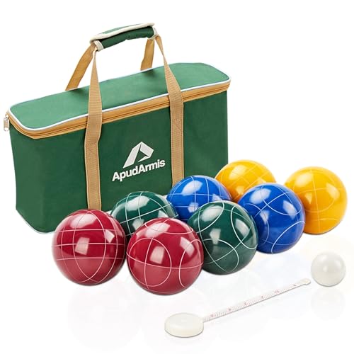 ApudArmis Bocce Balls Set, Regulation Size 100mm Bocce Game for Outdoor/Backyard/Lawn/Beach with 8 PCS 100% Poly-Resin Balls / 1 Pallino/Nylon Carrying Case/Measuring Rope (Red,Blue,Green,Yellow) - size: 100mm Regulation Size