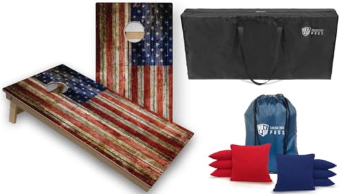Tournament Grade Tailgating Pros American Flag Wooden Plank Design Cornhole Board Set w/Bean Bags and Carrying Case - 4'x2' Corn Hole Toss Game w/Built in Lights - color: Red / Royal