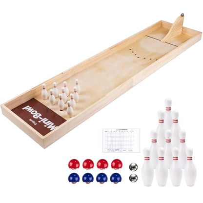 Extguds Wooden Mini Bowling Game Set 2-in-1 with Tabletop Bowling& Curling – Includes Reset Aid Board Tool & Anti-Splash Guard – Handcrafted Wooden Desktop Game for Family Office Party Fun