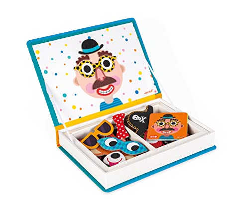 Janod - Magnetibook 83 Pc Magnetic Boy Crazy Face Dress Up Game - Decorating Fridge with Magnetic Letters - Enhances Creativity and Learning - Boosts Self-Confidence - Portable and Easy Storage - style: Boy Crazy Faces Dress Up
