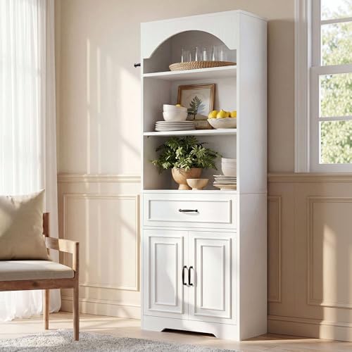 IRONCK Bookshelf, 6 Tiers Bookcase with Storage Cabinet and Drawer, 71" Display Storage Shelves with Side Hooks for Living Room, Home Office