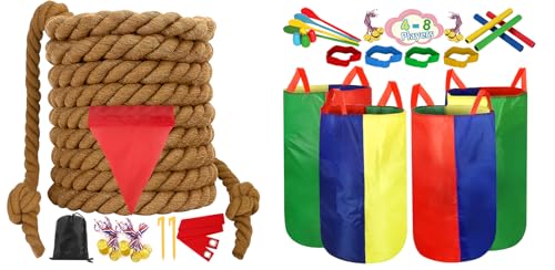 Outdoor Games 40FT Tug of War Rope Brown & Potato Sack Race Bags Kit for Kids and Adults, Field Day Family Reunion Outside Yard Summer Backyard Lawn Picnic Carnival Fun Easter Games