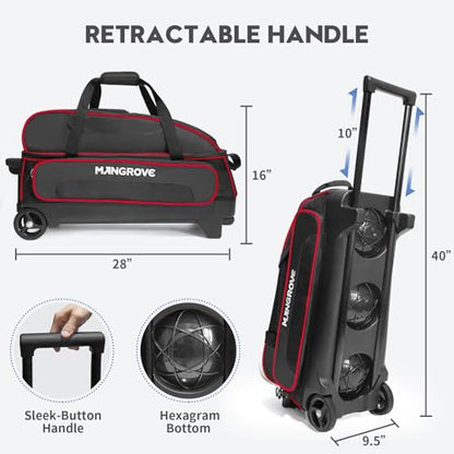 Mangrove 3 Ball Bowling Bag with Wheels & Shoe Compartment, Deluxe Bowling Ball Bag 3 Ball Roller, Rolling Triple-Ball Bag w/Accessory Pocket & Retractable Handle Extends to 40'' - color: Red