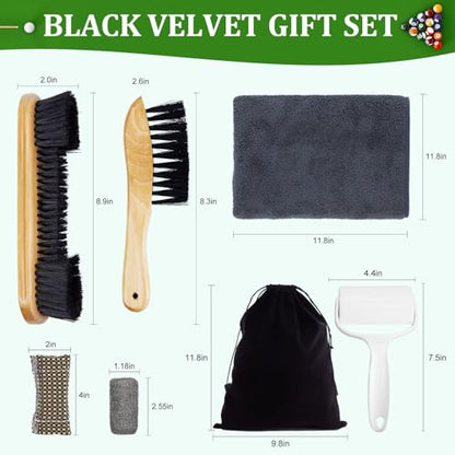9-Piece Billiard Table Cleaner Kit for Felt | Billiard Felt Cleaner Set with 2 Wooden Brush, Cue Cleaning Cloth, Ferrule Polish Cloth & Sticky Lint Roller and Storage Bag