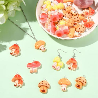 Stiesy 30Pcs Resin Mushroom Charms with Loops, 5 Styles Cute Charms Beads, Mixed Color Mushroom Shape DIY Pendant Ornament for Jewelry Making, DIY Necklace Bracelet Craft Supplies - color: Mushroom-5 Styles-30Pcs