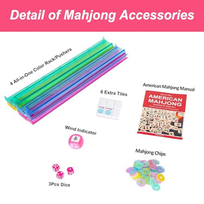 American Mahjong Game Set, 166 Pink Tiles (1.2”), 4 All-in-One Color Rack/Pushers & Drawstring Bag, Complete Mahjong Sets with Pink Printed Carrying Bag and Mahjong Tile Set Accessories - color: Pink