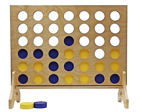 Giant 4 in a Row Game for Family & Adults – Tailgating Pros Jumbo Natural Wooden Four in a Row Indoor Outdoor Yard Game for Family Party Fun, Portable Activities for Patio, Backyard, and Camping - color: Blue / Yellow