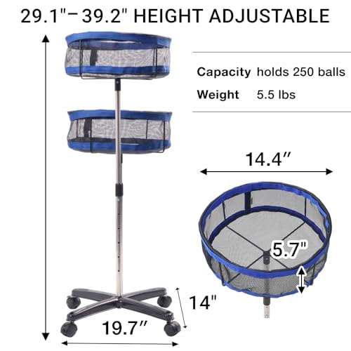 Japard Ping Pong Ball Holder Collector, Table Tennis Ball Storage Stand with Universal Wheels, 28"- 38" Height Adjustable, Holds 250 Balls, Tennis Balls