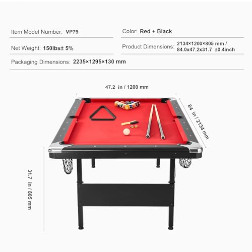 Happybuy 7ft Billiards Table, Portable Foldable Pool Table, Complete Set with Balls, Cues, Chalks & Brush, Black with Red Cloth, Ideal for Family Game Room, Kids, Adults