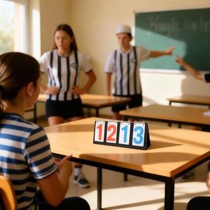 4-Digit Scoreboard, Red and Blue Numbers, 6.3 x 15 in / 16 x 38 cm, Tabletop Flip Scoreboards for Tennis, Basketball, and All Sports Games